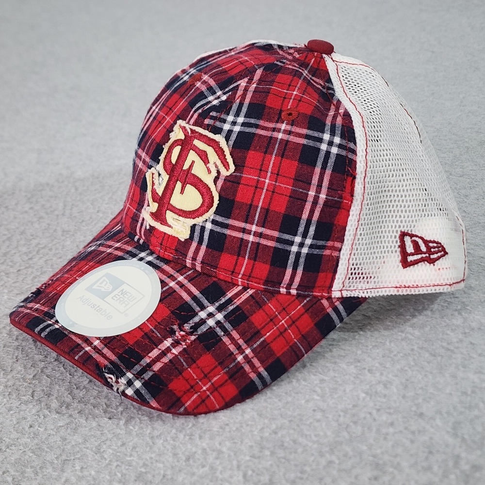 Florida State Seminoles Hat Adult Red Plaid Distressed New Era Snapback Mesh Cap